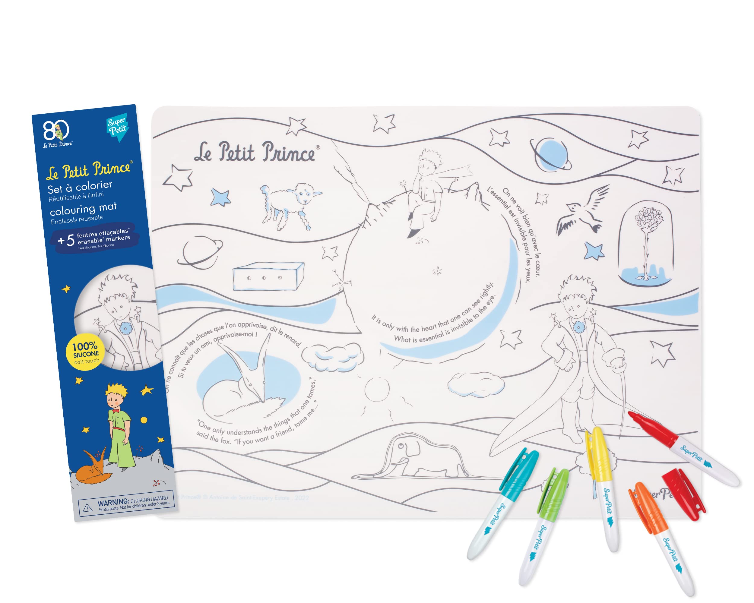 SUPER PETIT -The Little Prince - Limited Edition 80 YEARS - Educational Game - Educational Placemat - Reusable Colouring - 5 Felt Tip Pens - Easy to Clean - Set 40 x 30 cm - Reusable - From 3 Years