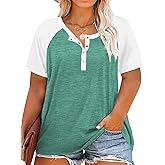 VISLILY Women's Plus Size Tops Raglan Henley Shirts Buttons Up Tunics Color Block Tee