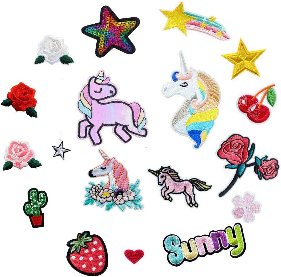 18pcs Unicorn and Flower Appliques for Clothing Iron-on or Sew on Embroidered Patches Motif Applique