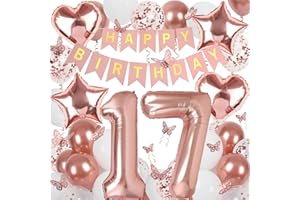 VBEOLLOV Rose Gold 17th Birthday Decorations for Girl, 17 Year Old Birthday Sign with Happy Birthday Banner, 40In Number 17 Foil Birthday Balloons, Butterfly Decorations, Heart and Star Balloons