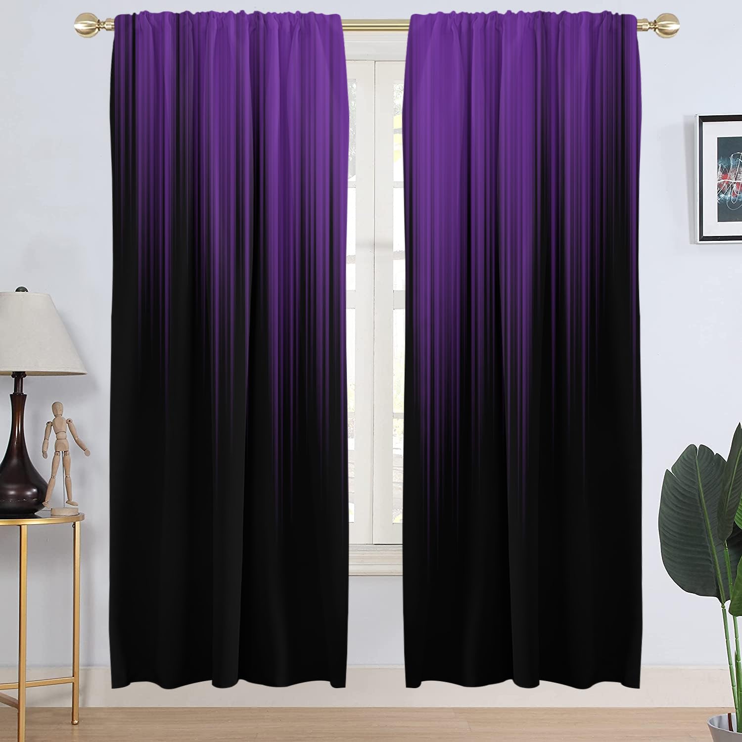 Photo 1 of AAtter Purple and Black Window Curtain Abstract Striped Dark Plum Adult Women Decorative Cool Gothic Gradient Long Living Room Bedroom Drapes Treatment Fabric 1 Pair Home Decor, 42" W x 84" L, Modern