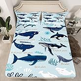 Whale Fitted Sheet Twin for Kids Boys Girls, Coastal Animal Bedding Set, Beach Ocean Creatures Under The Sea Bed Sheets, Nautical Sea Life Whale Bed Set