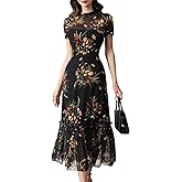 GothDark Women's Summer Floral Mesh Ruffle Dress Short Sleeve Round Neck Waist Cinched Casual Maxi Wedding Guest Dresses