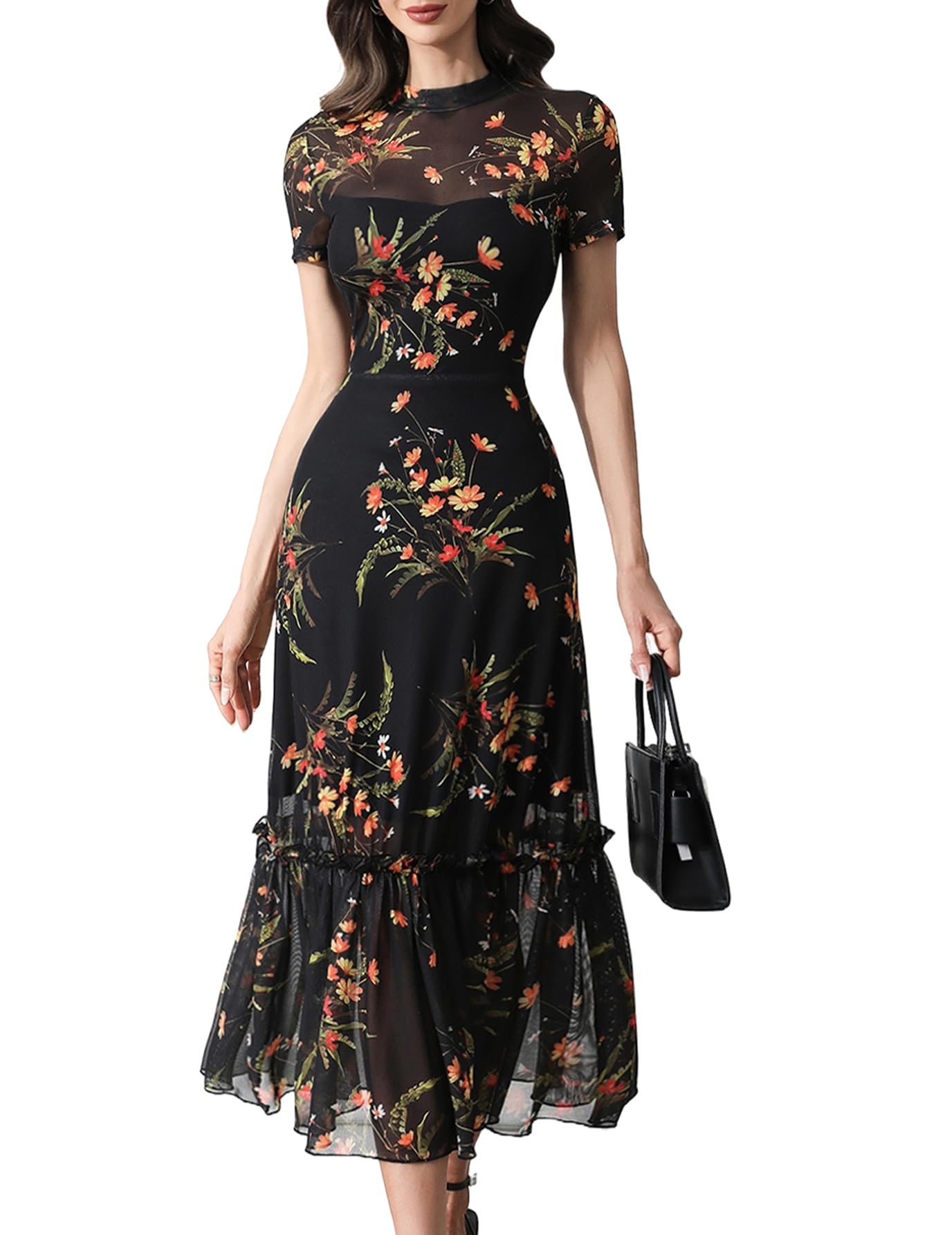 Photo 1 of ***RUNS SMALL*** GothDark Women's Summer Floral Mesh Ruffle Dress Short Sleeve Round Neck Waist Cinched Casual Maxi Wedding Guest Dresses