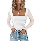 Chunpin Women's Bodysuits Square Neck Long Sleeve Bodysuits Mesh Ruched Thong Body Suit Outfits Going Out Tops