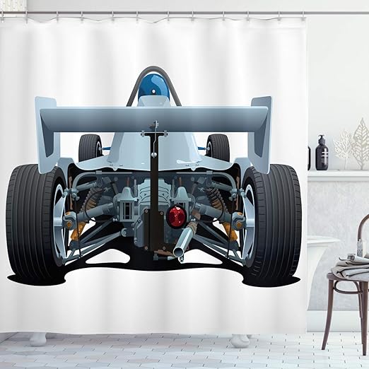 Amazon Com Ambesonne Cars Shower Curtain Back View Of A Formula 1 Race Car Rally Competition Sports Cartoon Style Fabric Bathroom Decor Set With Hooks 75 Inches Long Bluegrey Black White Home