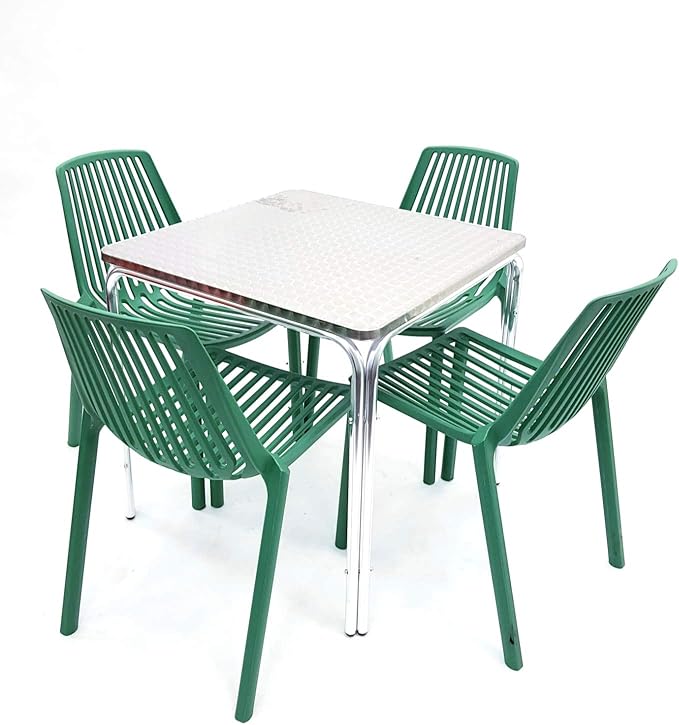Garden Furniture Set. 4 Green Plastic Stacking Chairs and 1 Square