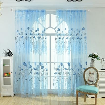 Tomtopp 1pc Offset Printing Sheer Curtain Yarn Tulle Window Screen Voile Panel (Blue)