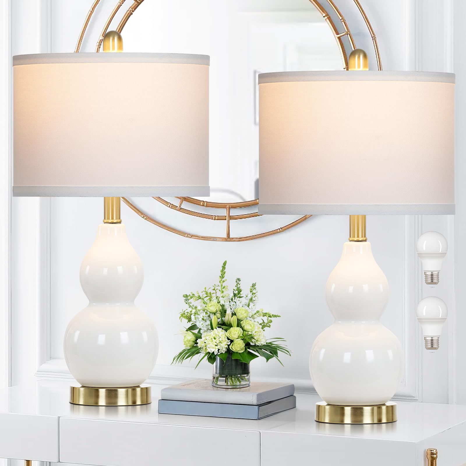 Photo 1 of Rinweey Double Gourd Ceramic Table Lamps Set of 2, Modern White Bedside Lamps for Night Stand, Contemporary Nightstand Lamps for Bedroom Living Room (Bulb Included)