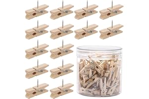 TECBEAUTY 60Pcs Push Pin with Wooden Clips, Decorative Pushpins Tacks, Thumbtacks for Cork Board, Bulletin Board, Artworks Notes Photos (Wood Color)