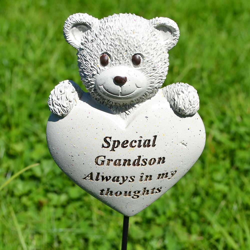 Special Grandson Teddy Bear Heart Memorial Tribute Stick