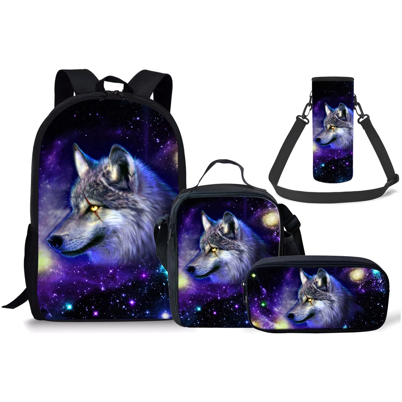 chaqlin Galaxy Wolf School Backpack Set of 4 Pieces,Boys Girls Bookbags+Lunch Box+Pencil Case+Water Bottle Holder Cover,Travel Hiking Camping Knapsack — image 1