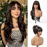 testar Long Straight Black Wigs With Bangs Long Dark Brown Synthetic Wigs for White Women Daily Use 26IN Glueless Wig