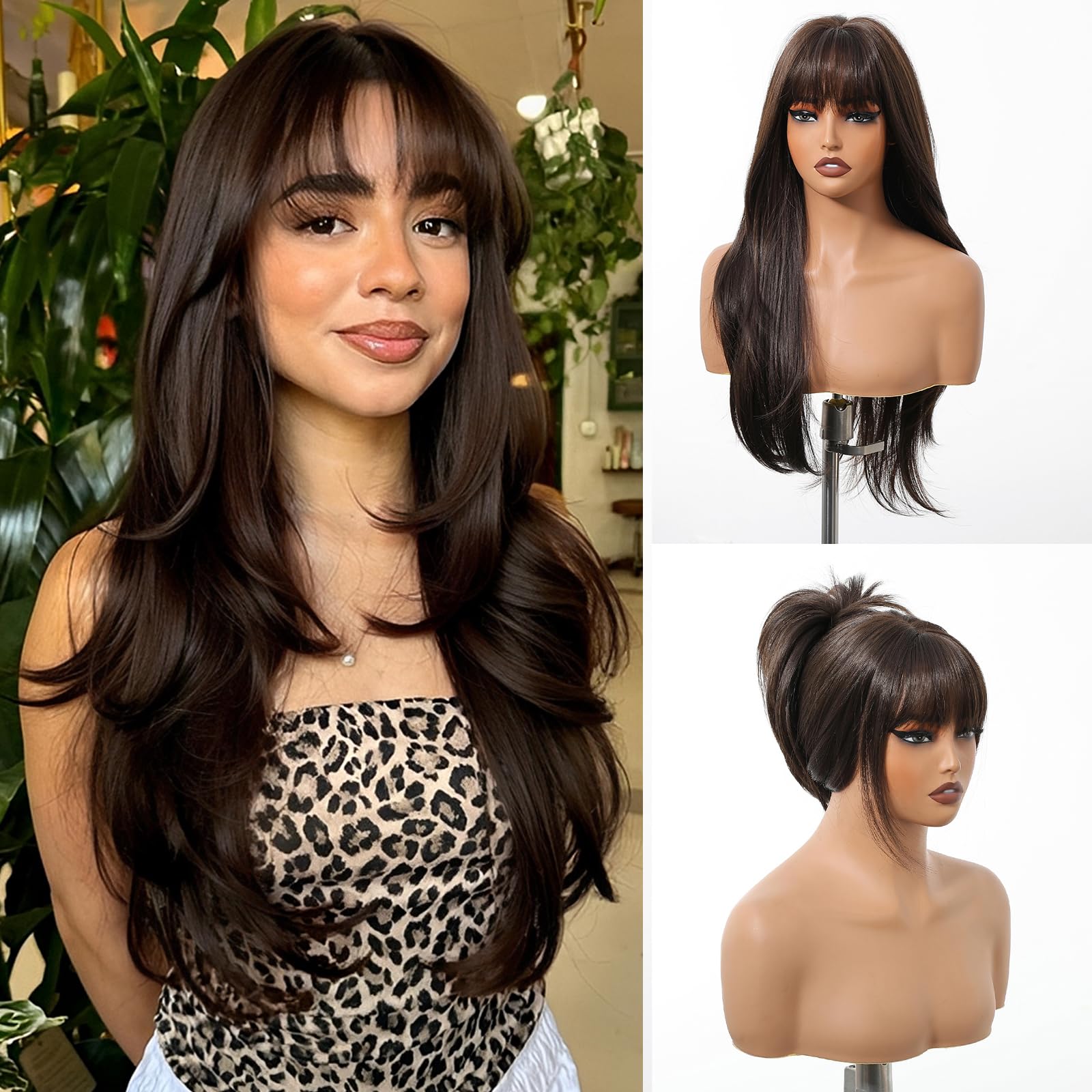 Photo 1 of testar Long Straight Black Wigs With Bangs Long Dark Brown Synthetic Wigs for White Women Daily Use 26IN Glueless Wig