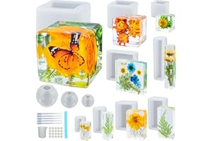 DACIES Large 4 Inch Resin Mold 12 PCS Glossy Deep Cube Sphere Silicone Molds with Tools Epoxy Resin Casting Mould for Preserving Flowers, Insect Specimens, DIY Art Craft Gift, Furniture Decor, Soap, Candle