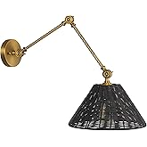 Creative Co-Op Coastal Adjustable Wall Sconce with Black Rattan Shade, Antique Brass Finish