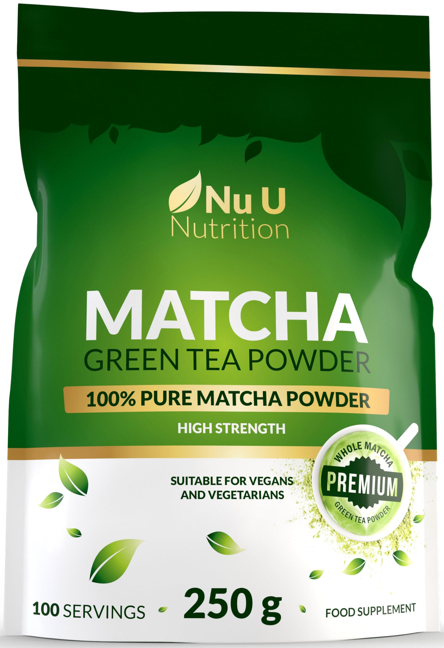 Nu U Nutrition - Matcha Green Tea Powder 250g - XL Pouch 100 Servings - 100% Pure Macha Premium Culinary Grade - Smooth taste & Easy to Mix - Ideal for Lattes, Smoothies & Baking