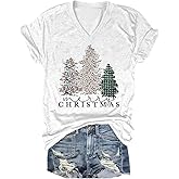 Vircreate Womens Short Sleeve V Neck Christmas T-Shirts Merry Christmas Tree Graphic Tee Tops