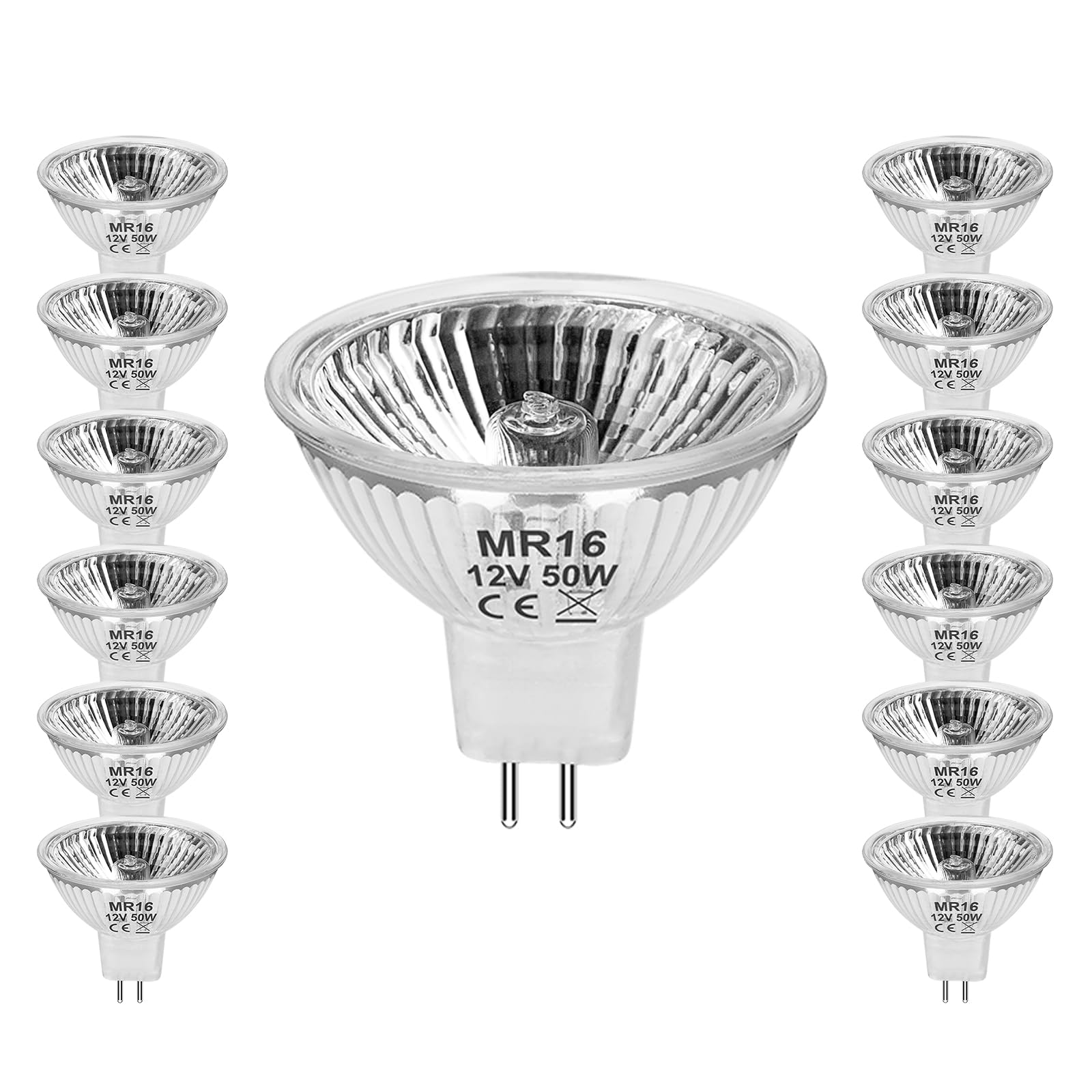 Photo 1 of Jaenmsa 50 Watt MR16 Halogen Bulbs, 50W 12V Halogen Light Bulbs 2 Pin, 12 Pack Dimmable Indoor Flood 50w Halogen MR16 GU5.3 Small Light Bulb for Landscape/Track Light Bulbs 2800K Warm White