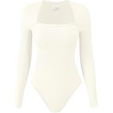 OQQ Women's Bodysuits Sexy Ribbed Square Neck Long Sleeve Tummy Control Casual Fall Bodysuits