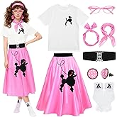 Maiteenly 8 Pcs Women 50s Poodle Skirt Outfit 1950s Dress Sock Hop Shirt Grease Costume Halloween Party Accessory