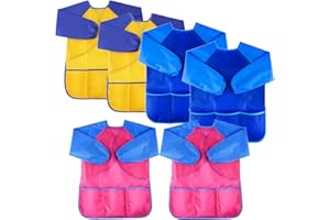 URSKYTOUS 6Pcs Kids Art Smocks Toddler Smocks Waterproof Smock for Kids Painting Colorful Children Aprons Artist Painting Smock Long Sleeves With 3 Roomy Pockets for Children Painting Supplies, Age 3-7 Years