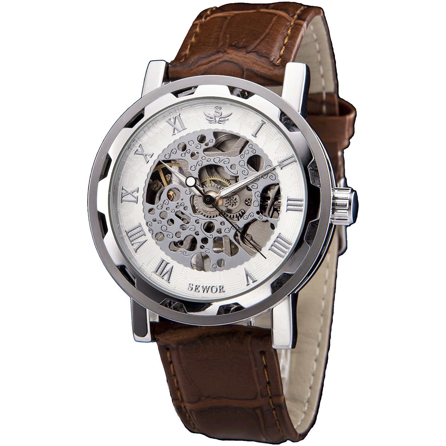 Sewor Men\'s Teampunk Trasparent Skeleton Analog Leather Mechanical Wrist Watch (White)