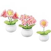 PATIKIL Crochet Flowers, 3 Pcs Knitting Crochet Flowers Daisy Lily of The Valley Forget-Me-Not Potted Plants Handmade Flowers Birthday Wedding Car Gift Home Decor, Pink