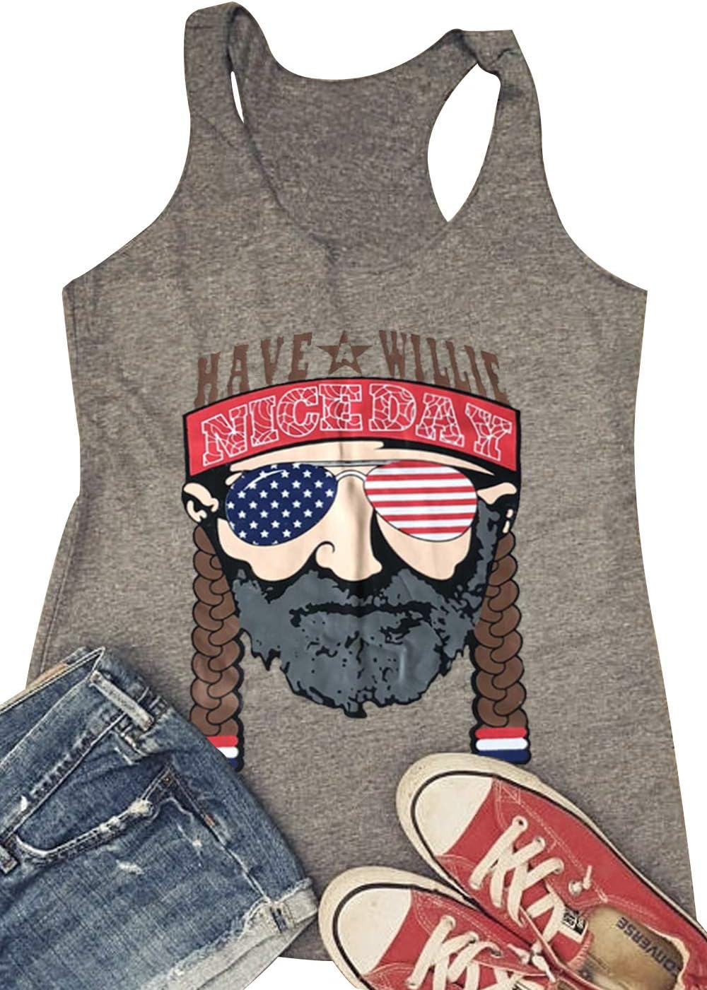 Women American Flag Tank Top Willie Nelson Funny Graphic Sleeveless T-Shirt Tops