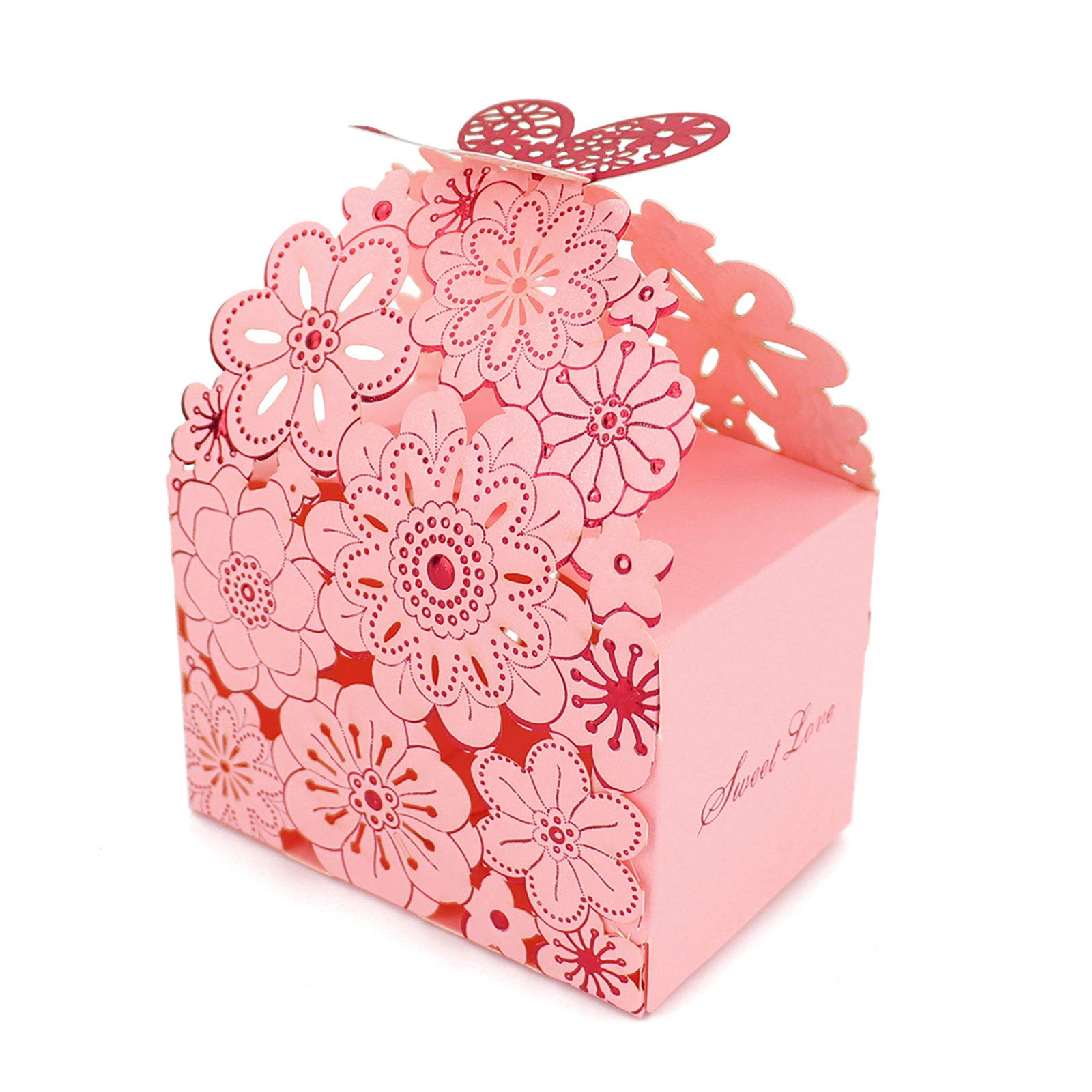 Candy Gift Boxes 50Pcs/Set Flower Butterfly Hollow Wedding Favors Boxes for Wedding Bridal Birthday Party -9 * 6 * 6CM (Large Size) Pink