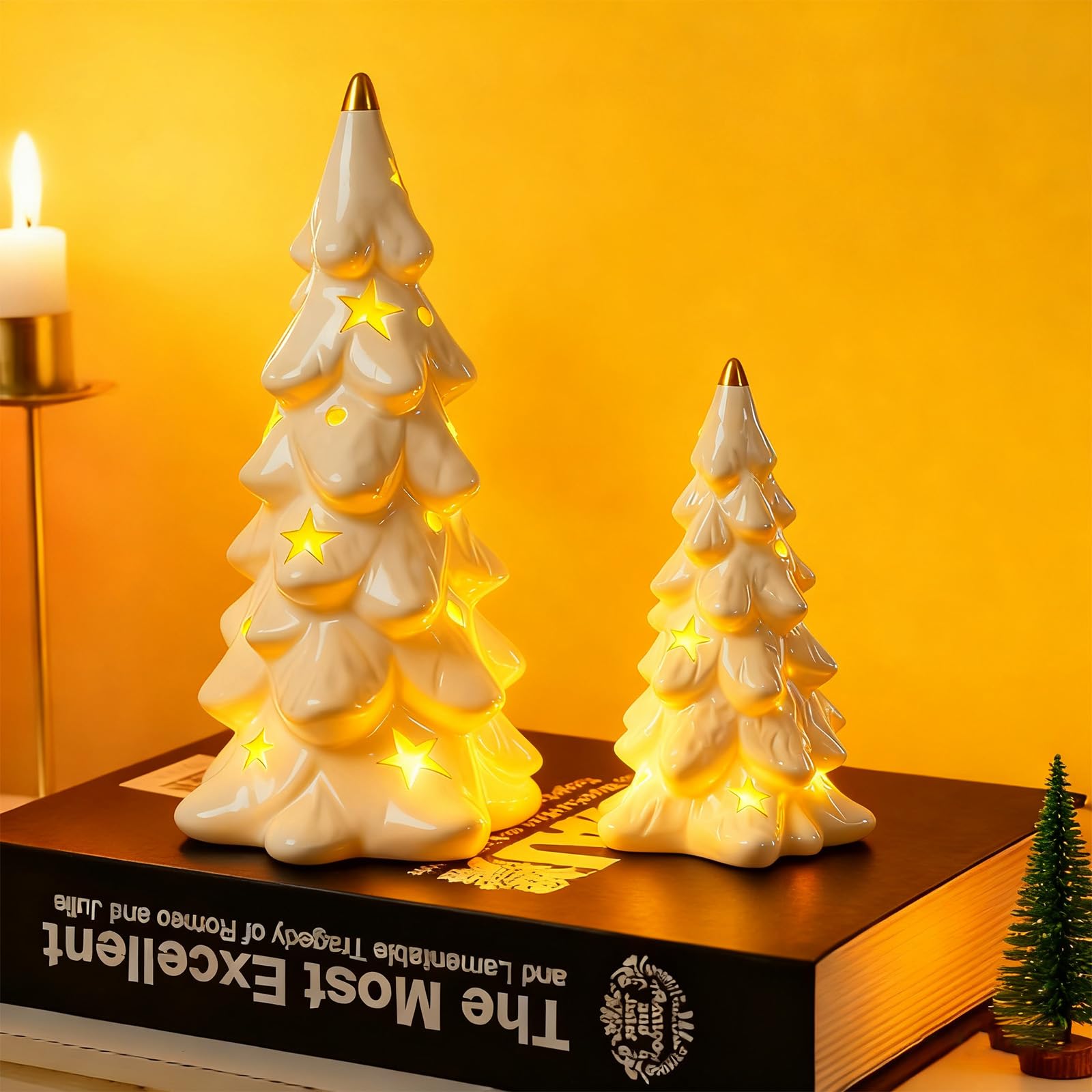 Photo 1 of ***PARTIAL SET/ ONLY 1**** DN DECONATION Christmas Tree with Lights, Tabletop Xmas Trees with Star-Cutouts Leaves, 2Pcs White Prelit Ceramic Christmas Tree Figurines Holiday Centerpieces for Mantel & Shelves Decor