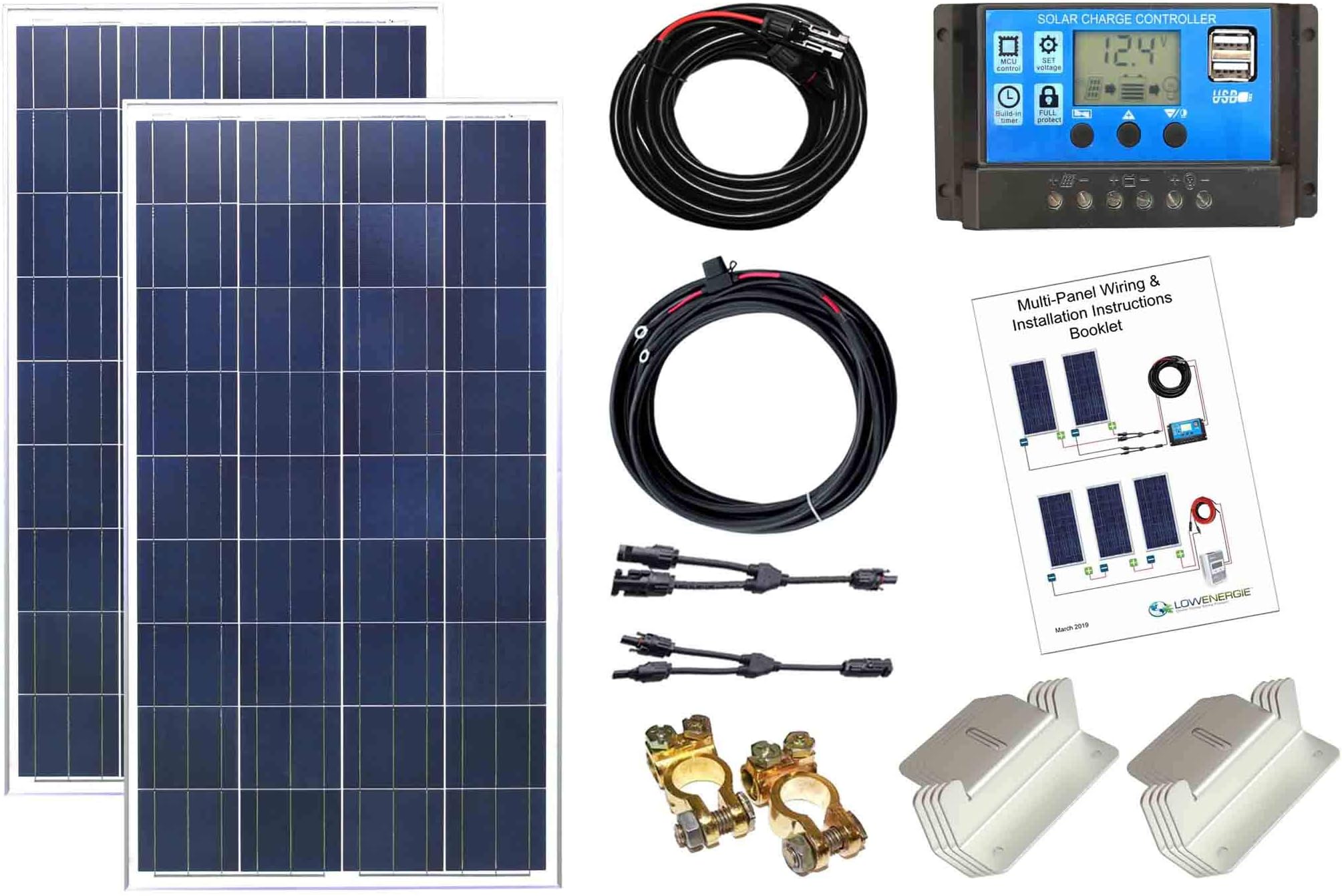 Lowenergie Poly Solar Panel Kit K4 12V/24V PWM controller battery charging cables brackets (200W)