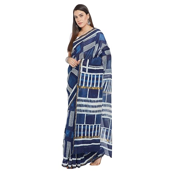 Finest Quality Chanderi Handprinted Saree with Blouse Piece-Navy Blue RDSWSA0074 Traditional