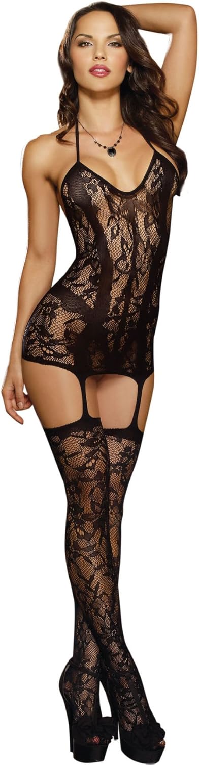 Dreamgirl Women's Trinidad Halter Garter Dress with Attached Stockings: Adult Exotic Lingerie Sets: Clothing