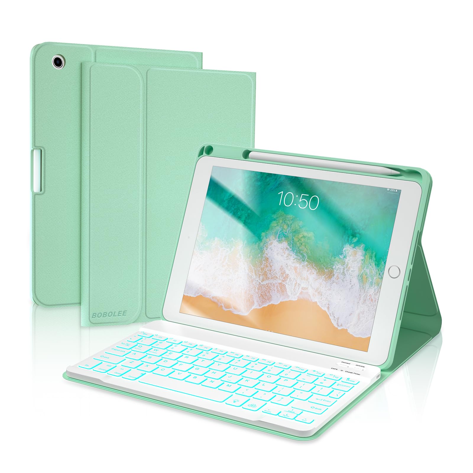 Photo 1 of BOBOLEE Keyboard Case for iPad 9.7 Inch Air 2 Gen. 2014-6th 2018-5th 2017, Wireless Detachable BT Backlit 7 Colors Keyboards, Thin Slim Folio Cover Shell, Pen Holder, Auto Sleep Wake