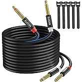 Elecan Dual 6.35mm 1/4 TS to Dual 1/4 TS Stereo Audio Cable 50 Ft, Interconnect Insert Cable, Firm Connection,Flexible Durable Tearable Color-Coded Mono Breakout Cable for Speaker Amplifier Mixer+Ties