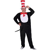 Dr. Seuss Cat in the Hat Adult Costume - Jumpsuit, Bow Tie, Tail, Red &amp; White Striped Hat - Officially Licensed