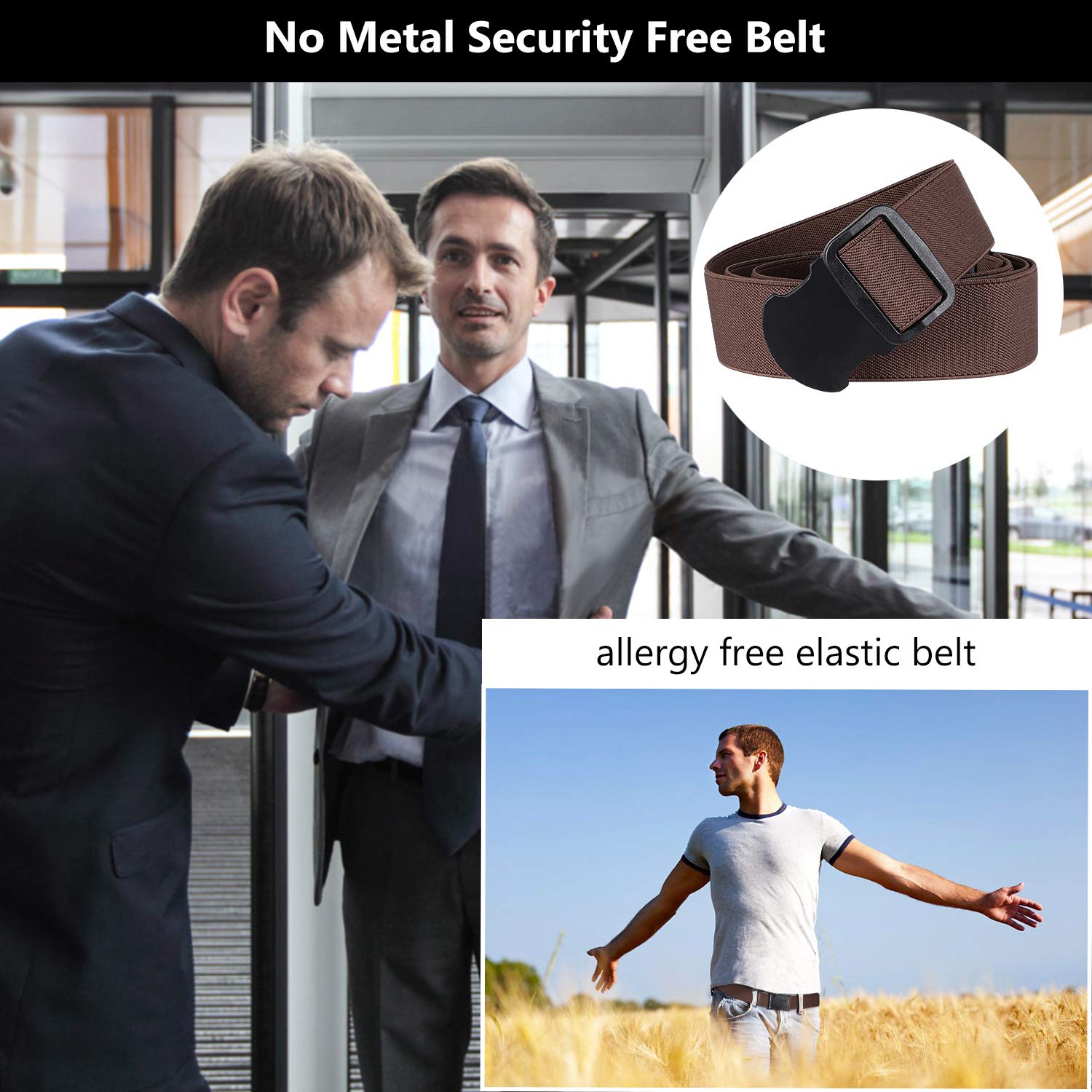 LEACOOLKEY Nickle Free Metal Free Belt, No Show Mens Stretch Belts - Elastic Webbing Belt with Flat Plastic Buckle, Travel Friendly Men Belt(Coffee, Pants Size Below 34 Inches)