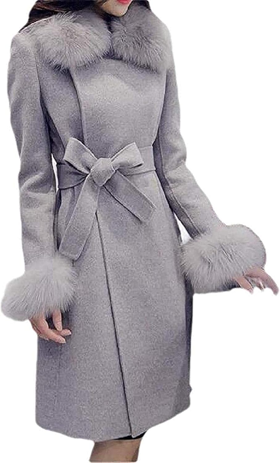 Women Overcoat WoolBlend Belted FauxFurCollar FallWinter Pea Coat Trench Jacket Amazon.ca