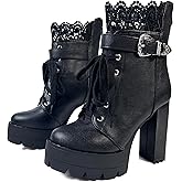 MEOTINA High Heel Boots for Women Black Heeled Chunky Heel Boot Platform Goth Shoes Lace Up Ankle Booties with Zipper