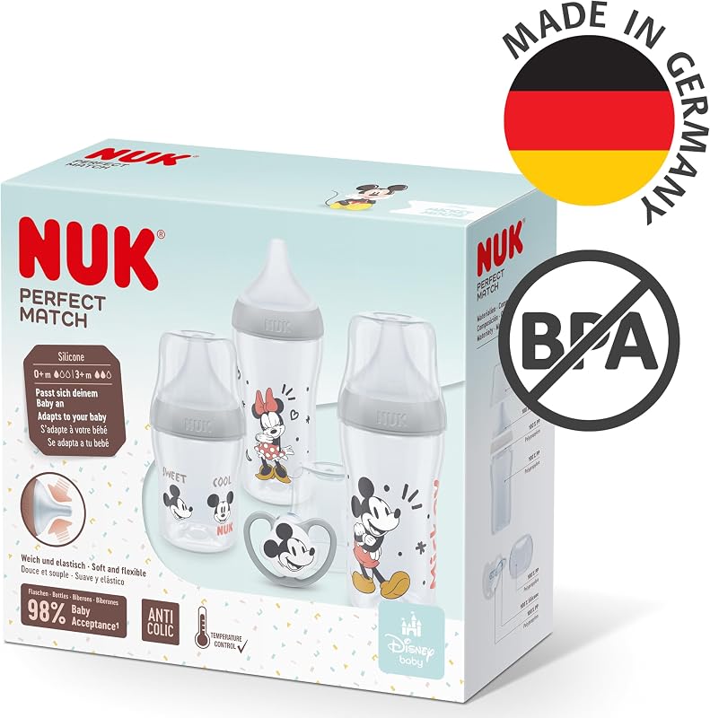 Perfect Match Babyflaschenset | Ab 0 Monate | Passt sich dem Baby an | 3 Anti-Colic-Babyflaschen und Space-Schnuller | Disneys Micky Maus | 4 Stück