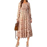 Dokotoo Boho Dresses for Women 2025 Casual Floral Square Neck Long Sleeve Smocked Elastic Waist Tiered Ruffle Hem Maxi Dress