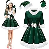Mukum Mrs. Claus Costumes for Women 4PCS Santa Claus Costume Women Velvet Santa Dress Hat Gloves for Christmas Party