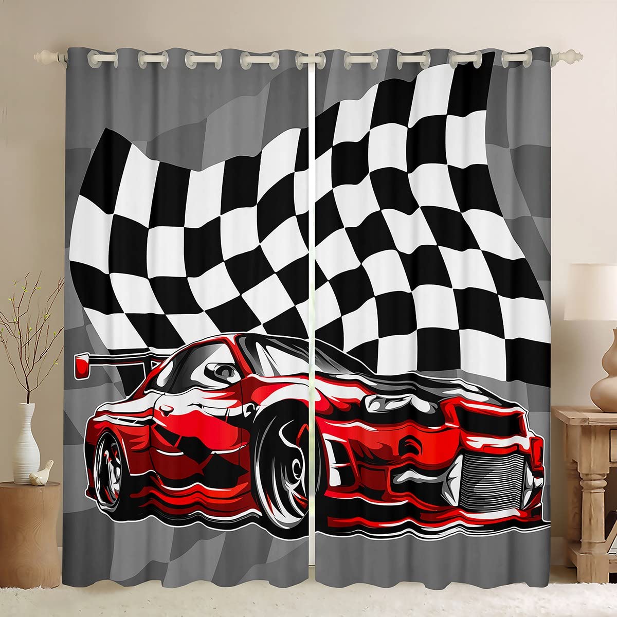 Race Car Curtains for Bedroom for Kids Boys Teens Red Sports Car Window Treatment Back White Plaid Flag Thermal Insulated Window Drapes W46*L72
