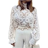 GORGLITTER Women's Flower Embroidered Fall Tops Dressy Casual Flounce Long Sleeve Shirts Hollow Out Mock Neck Blouses