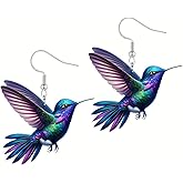 Hummingbird Earrings for Women, Sterling Silver Hypoallergenic Dangle Earrings, Arete de colibrí, Colorful Cute 2D Novelty Bird, Acrylic Animal Dangling Drop Trendy Jewelry