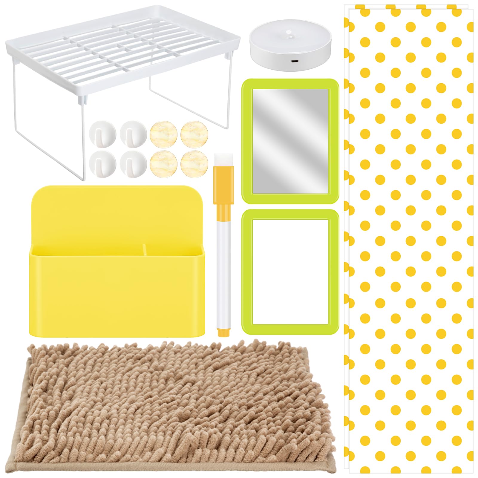 Photo 1 of Chuangdi 17 Pcs Locker Organizer and Decorating Kit Back to School Essentials Magnetic Locker Shelf Wallpaper Mirror Whiteboard Dry Erase Marker Rug Locker Accessories for Girls(Yellow)