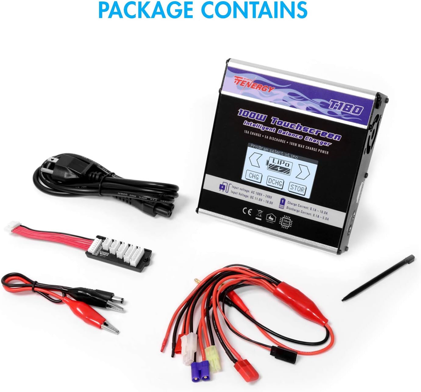 Tenergy T180 100W Balance Charger Discharger, Touch Screen RC Battery Charger for NiMH/NiCd/Li-Po/Li-Fe Packs, Durable Metal Housing, LiPo Battery Charger w/ Tamiya/JST/EC3/HiTec/Deans Connectors: Electronics