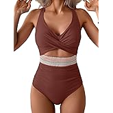 B2prity One Piece Swimsuit for Women Tummy Control V Neck Bathing Suit Color Block High Waisted Cutout Swimwear