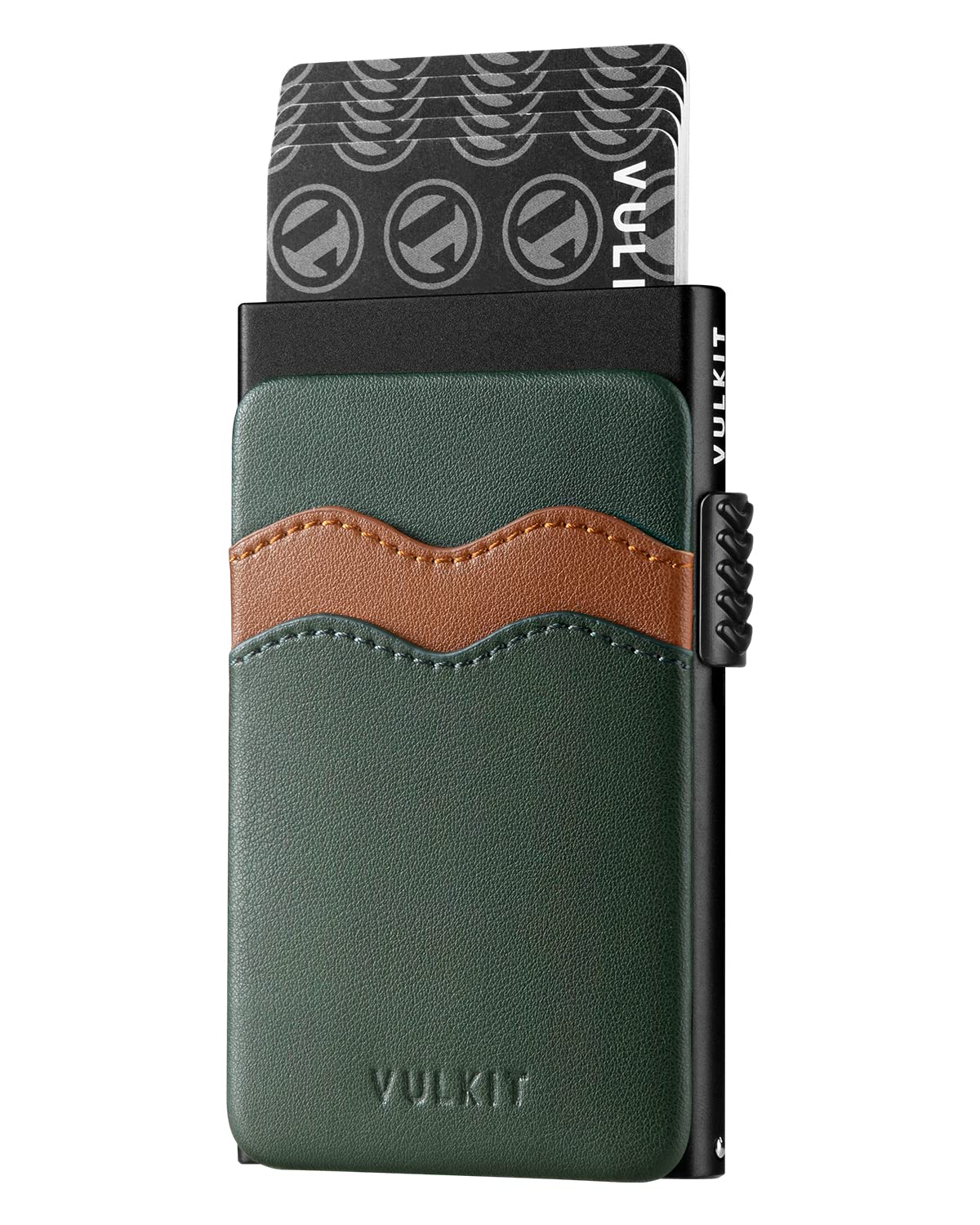 VULKIT Pop Up Card Holder Slim Wallet with Extra Leather Slots RFID Blocking Metal Minimalist Card Case for Men or Women